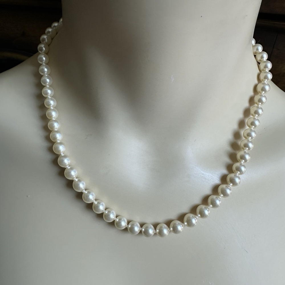 Vintage Asian Artisan Glass Faux Pearl Bead Necklace 17 Inch‎ Sterling Clasp